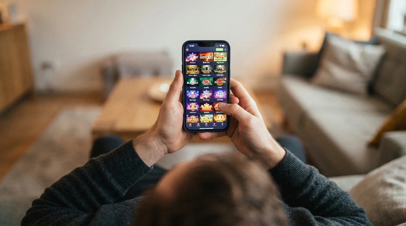An Australian player looking at a smartphone screen with a thoughtful expression, casino app icons reflected in the glass, the device held at a slight distance