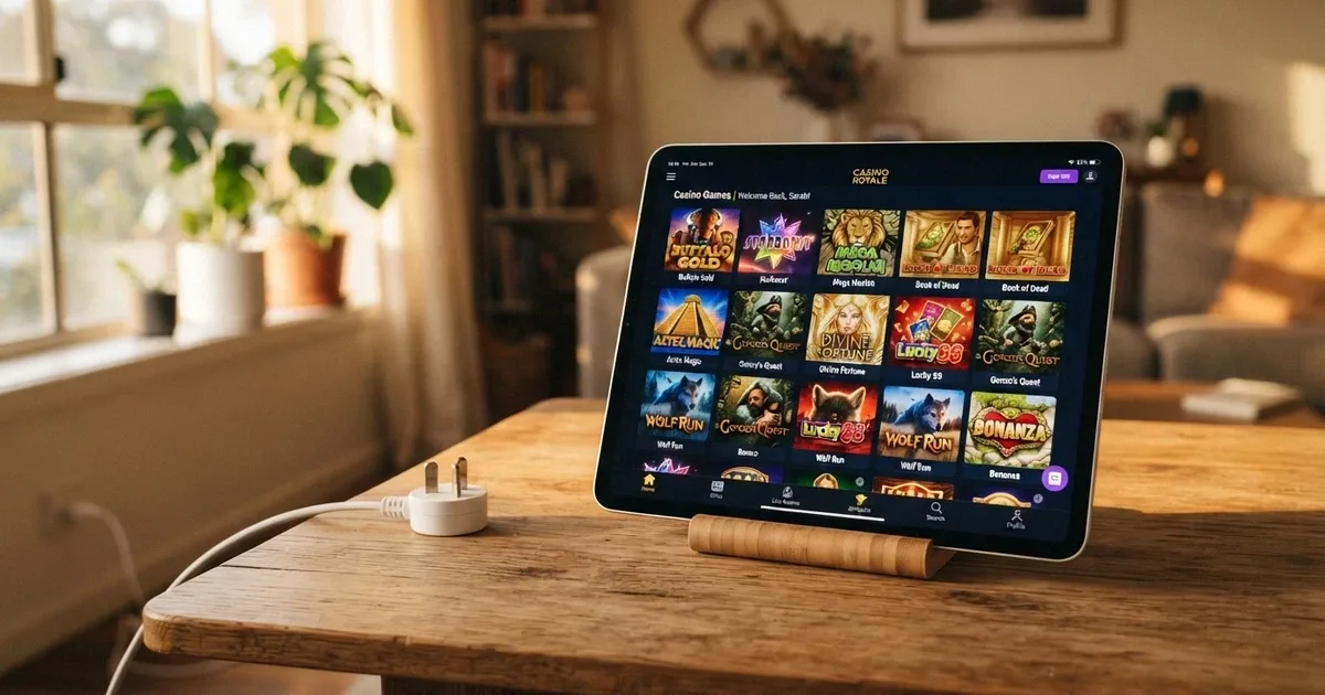 An iPad on a desk displaying a casino lobby with pokies thumbnails, an Australian power plug visible beside it