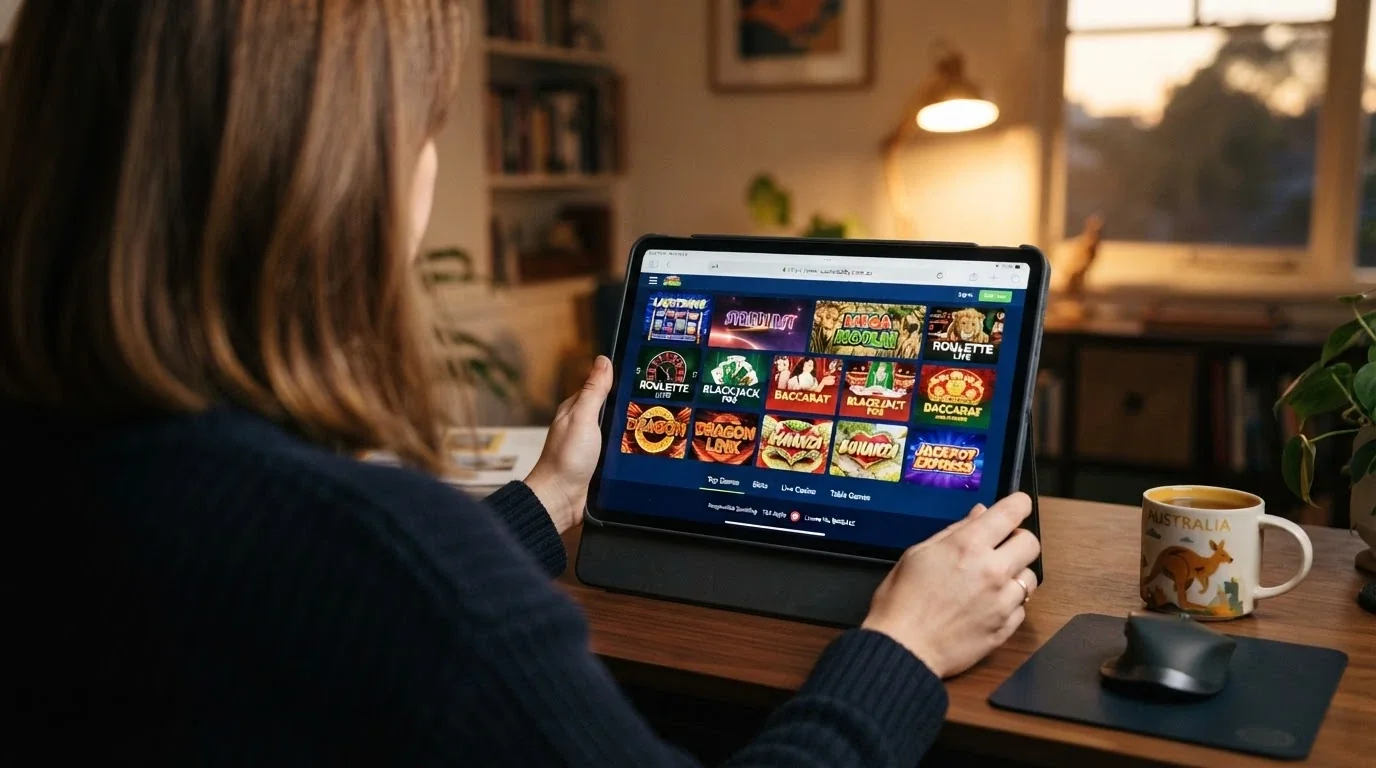 An iPad with Safari open to a casino lobby beside the App Store search results for casino apps, showing mostly free-play titles