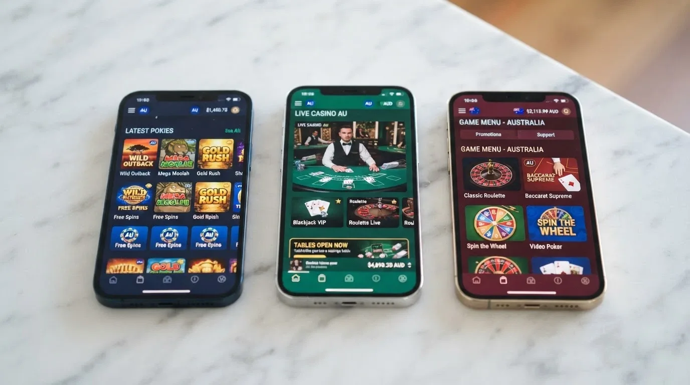 Three iPhone screens side by side showing different casino PWA home screens with game lobbies visible
