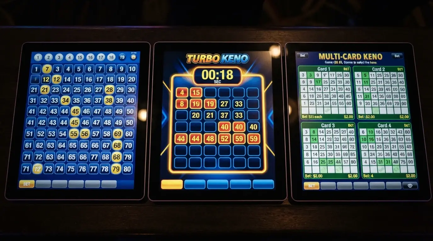 Three keno screens showing distinct variants — a classic 80-ball numbered grid, a turbo-style rapid-draw interface with a countdown timer, and a multi-card layout with four active cards
