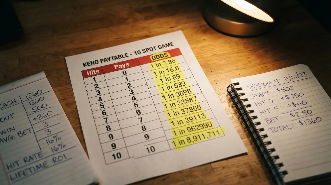 A close-up of a keno paytable with the odds column highlighted, beside a calculator and a notepad with session-bankroll figures written down