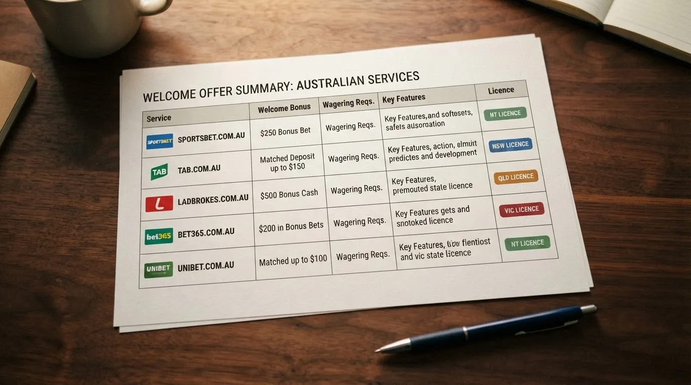 A side-by-side layout of keno casino welcome-offer summaries with Australian dollar figures and licence-type badges clearly visible