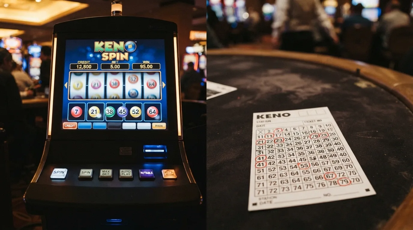 A slot-machine-style keno game screen with spin button and payline indicators beside a traditional numbered keno card, highlighting the different bet structure and pace