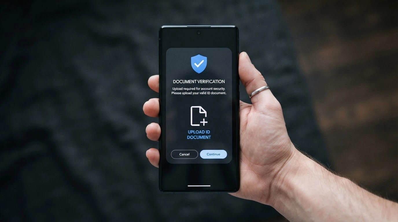 A smartphone screen displaying an identity-verification pop-up over a casino withdrawal interface, with a document-upload prompt visible