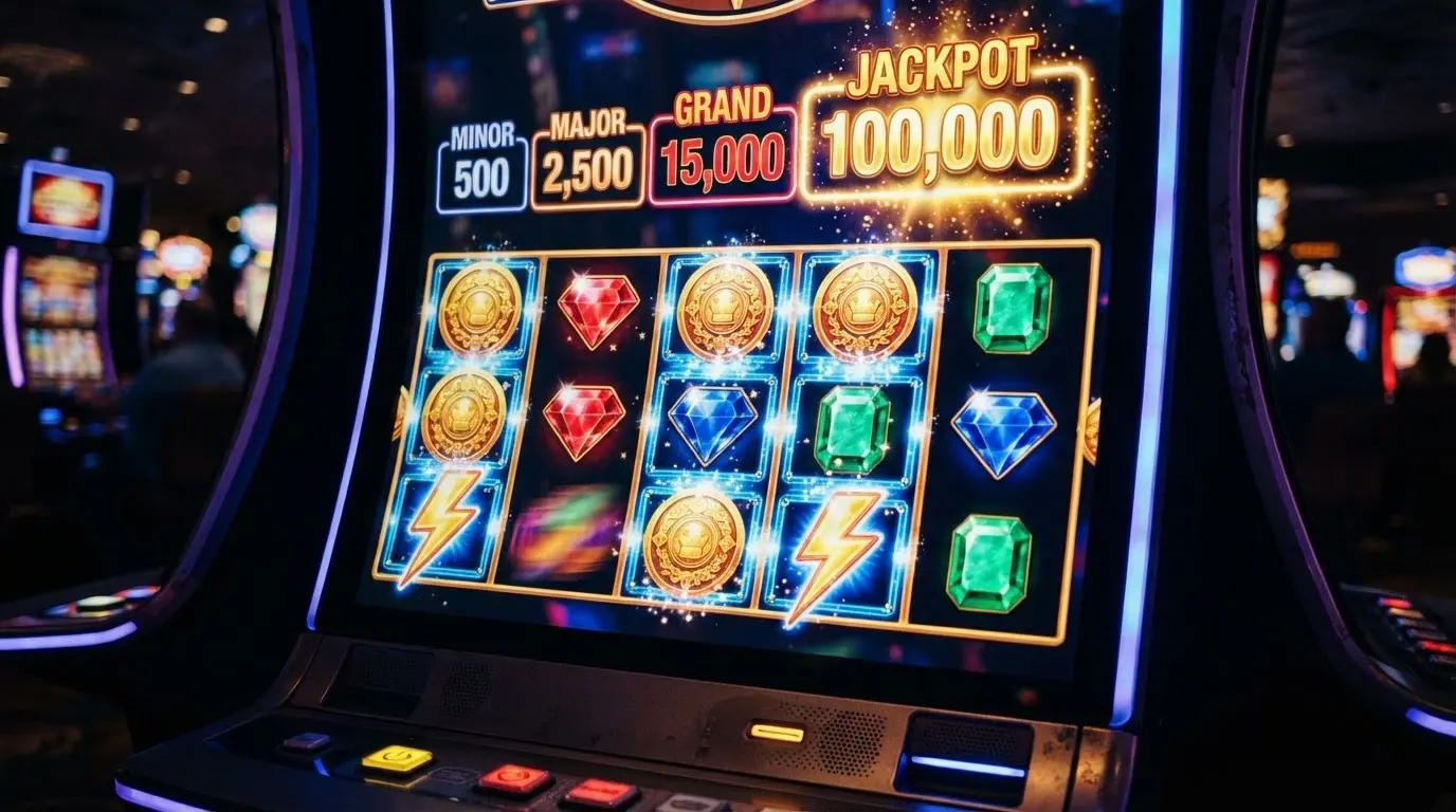 The Lightning Link slot reels in play, showing the Hold & Spin feature with Lightning symbols landing across the grid and a jackpot meter visible at the top