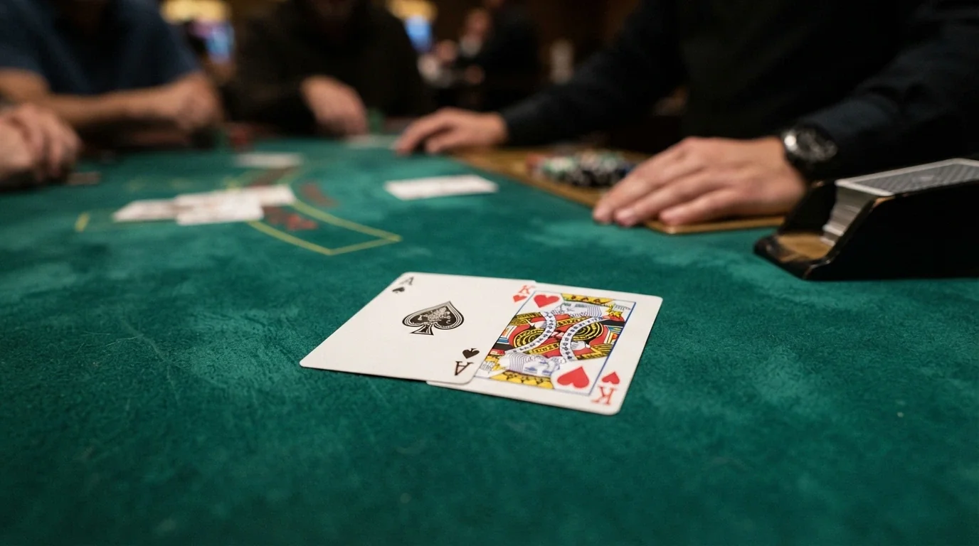 A close-up of a live blackjack hand showing an ace and a king face-up on green felt with the dealer's hand visible beyond