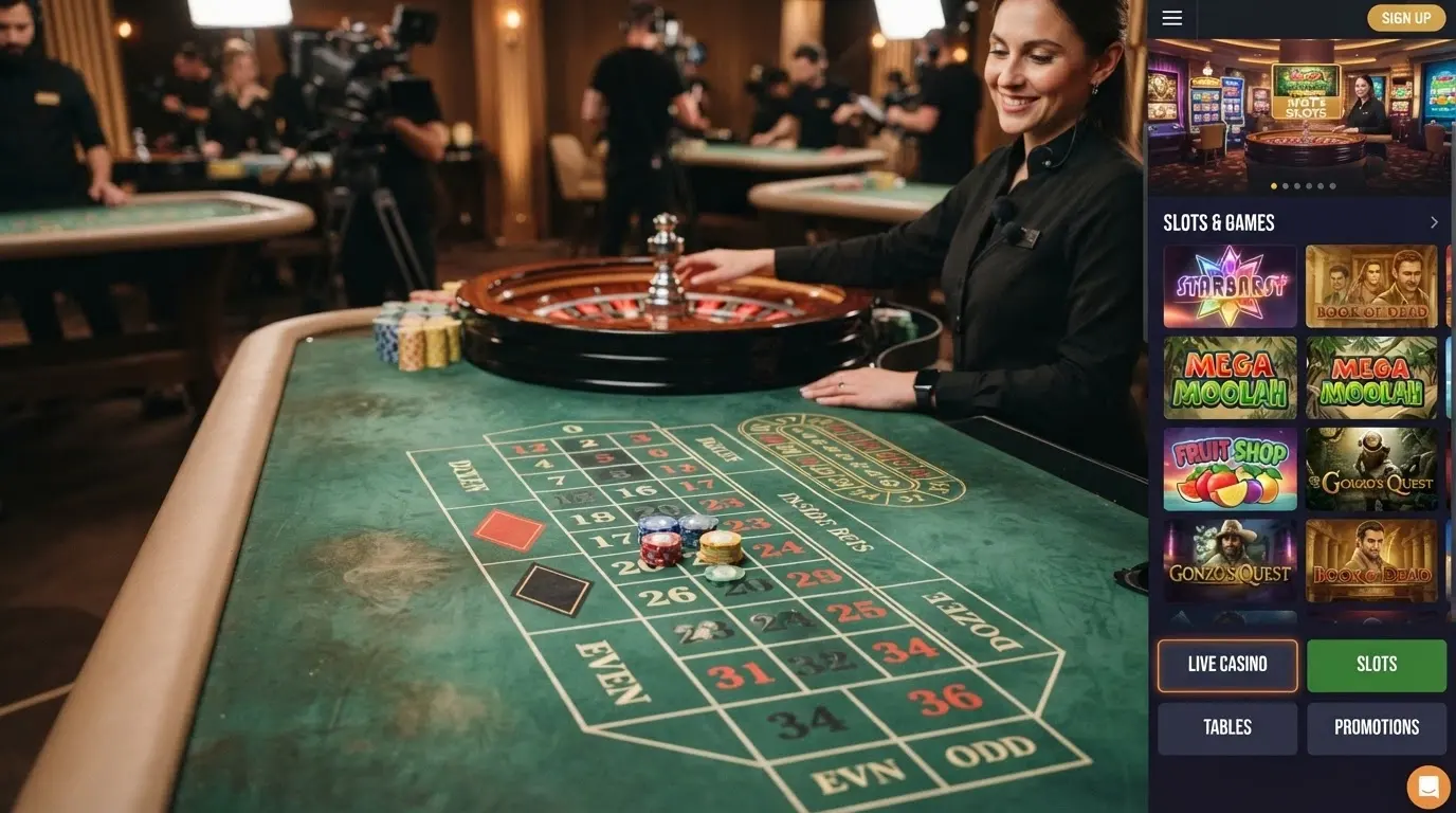 A live-dealer roulette or blackjack table with a casino lobby sidebar showing 1spin4win slots in the same interface