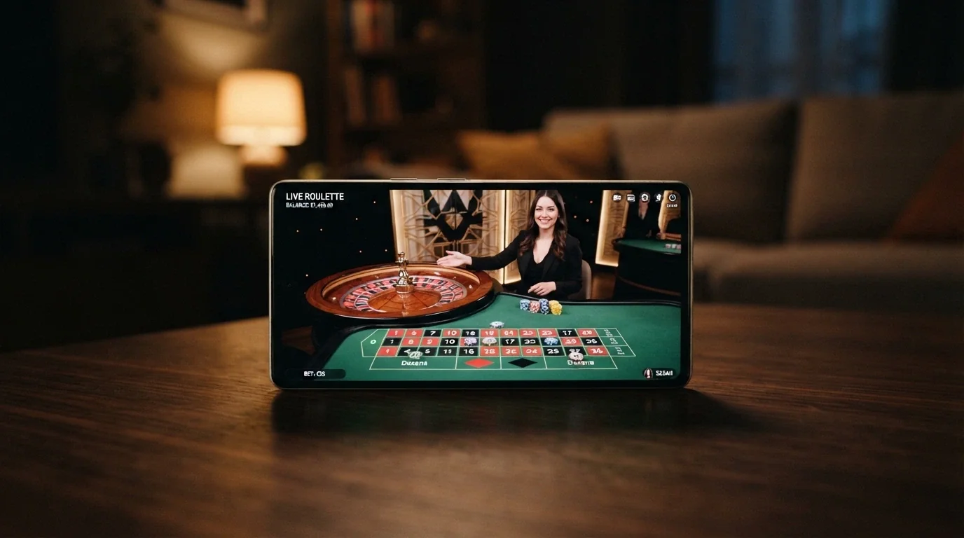 A smartphone in landscape orientation displaying a live roulette table with a dealer mid-spin