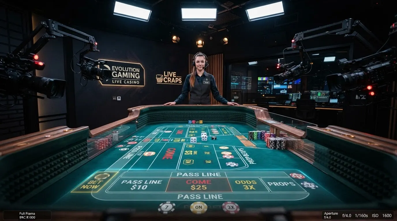 A live dealer craps studio setup showing a professional dealer behind a craps table with multiple camera angles and a digital betting interface overlay