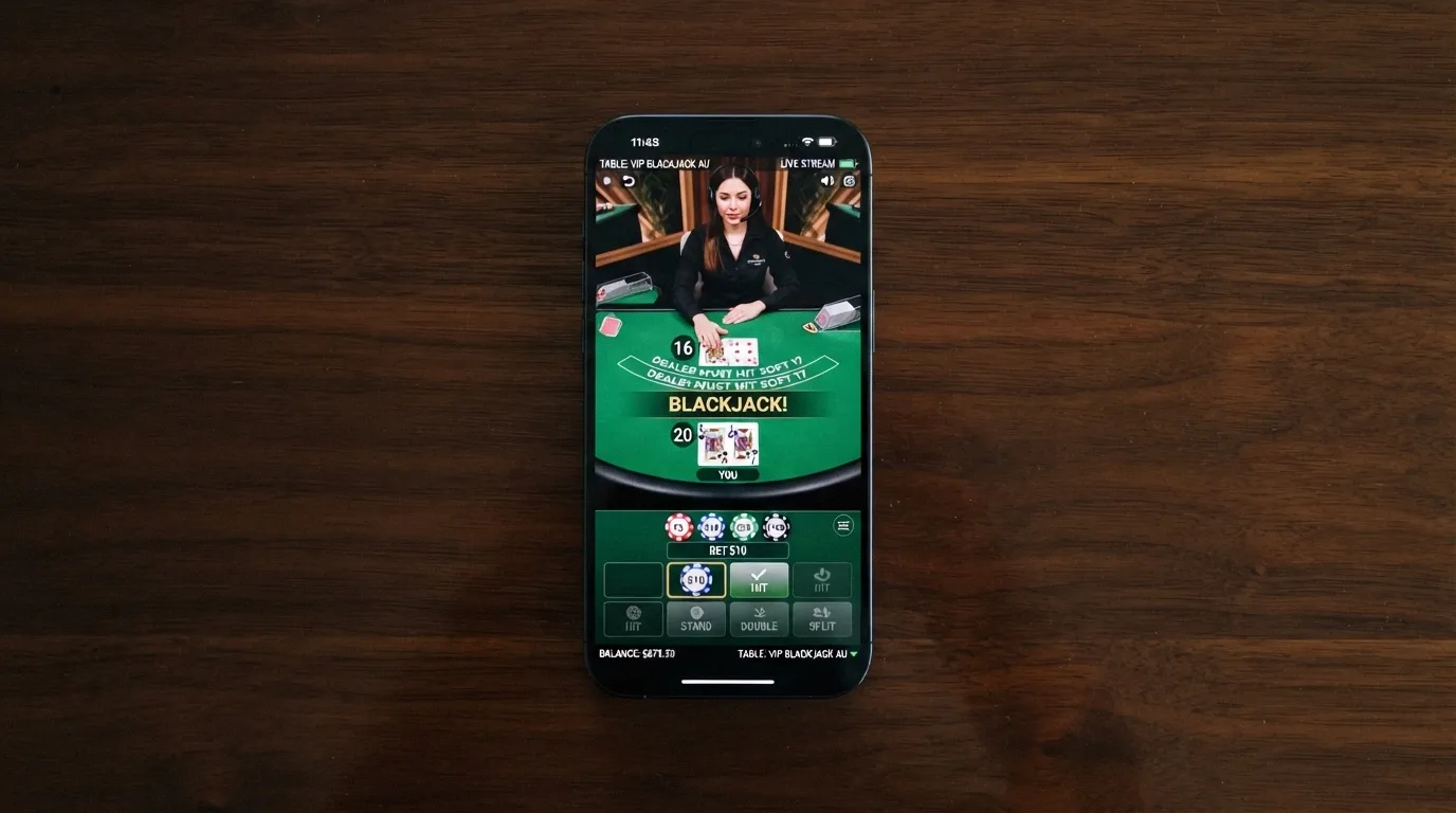 An iPhone displaying a live blackjack table with a real dealer visible, betting chips laid out along the bottom edge of the screen