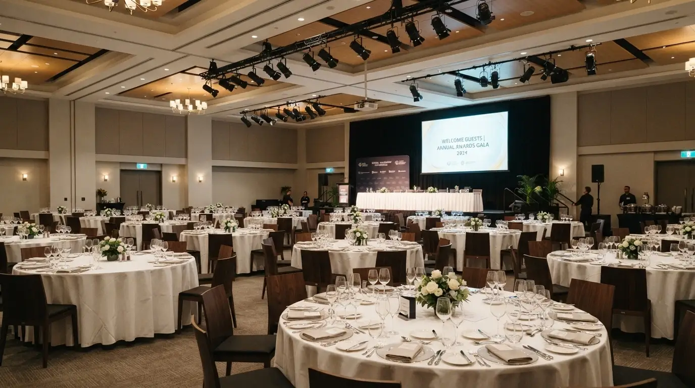 The Lotus Room set up for a function — banquet tables, AV equipment, space for 50 to 310 guests