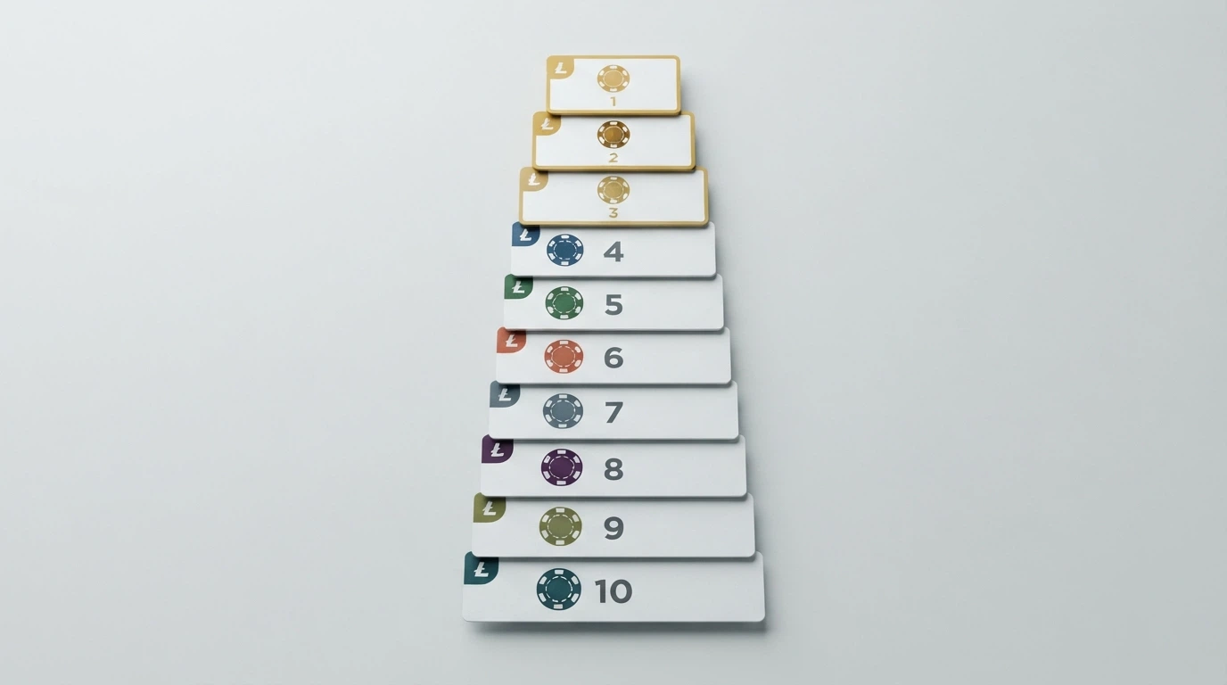 A stylised ranking layout showing ten casino brand cards arranged in a column, each with a Litecoin deposit badge and a Curaçao licence marker, the top three cards highlighted
