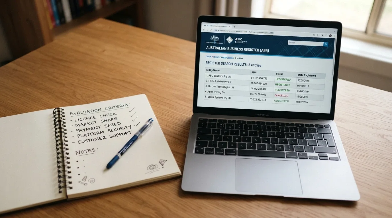 A desktop workspace showing a notepad with evaluation criteria written out — licence check, market share, payment speed — beside a laptop screen displaying the ACMA register and an operator licence page