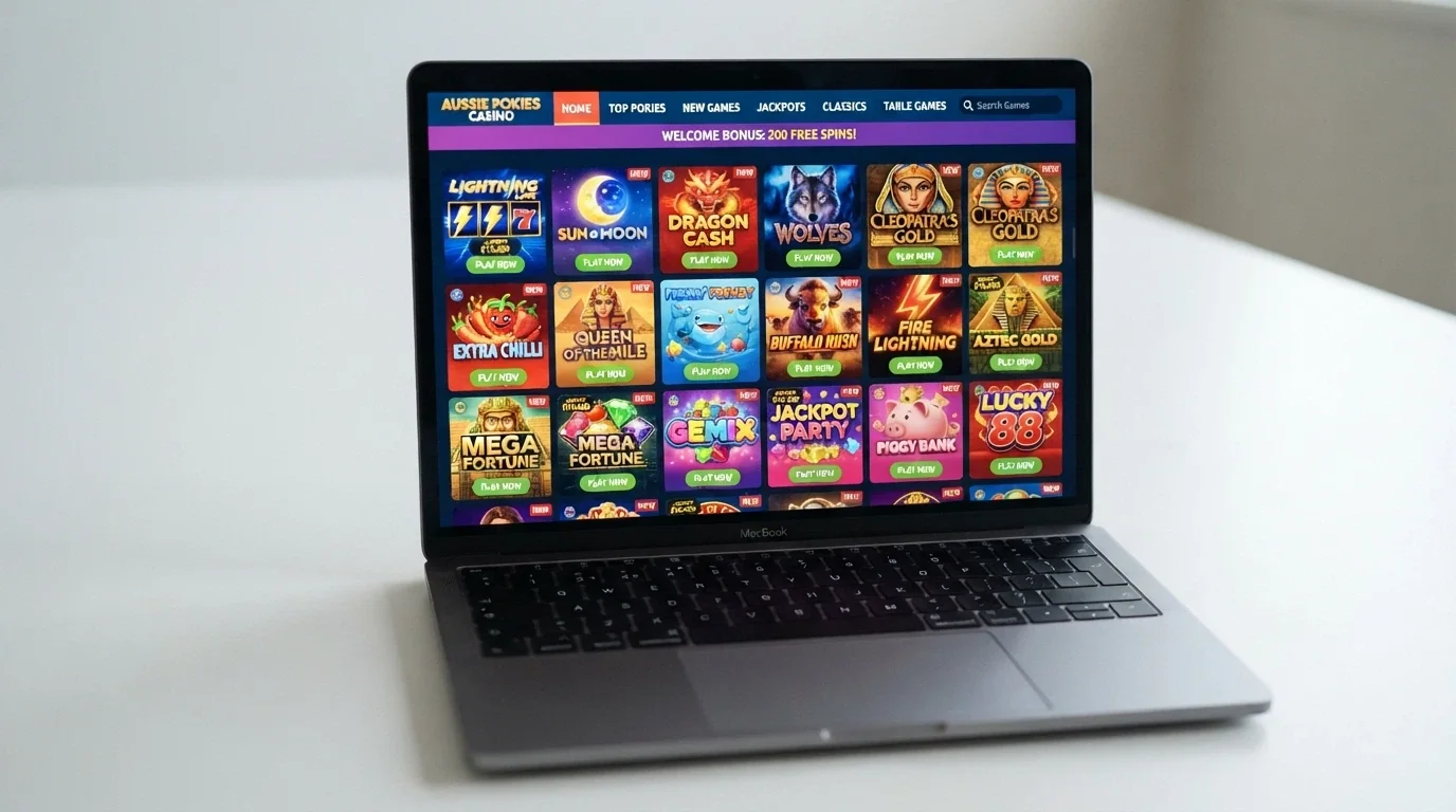 A brightly lit online casino game lobby filtered to show pokies thumbnails in a grid, with provider logos for Pragmatic Play, NetEnt and Hacksaw Gaming visible along the top of the screen