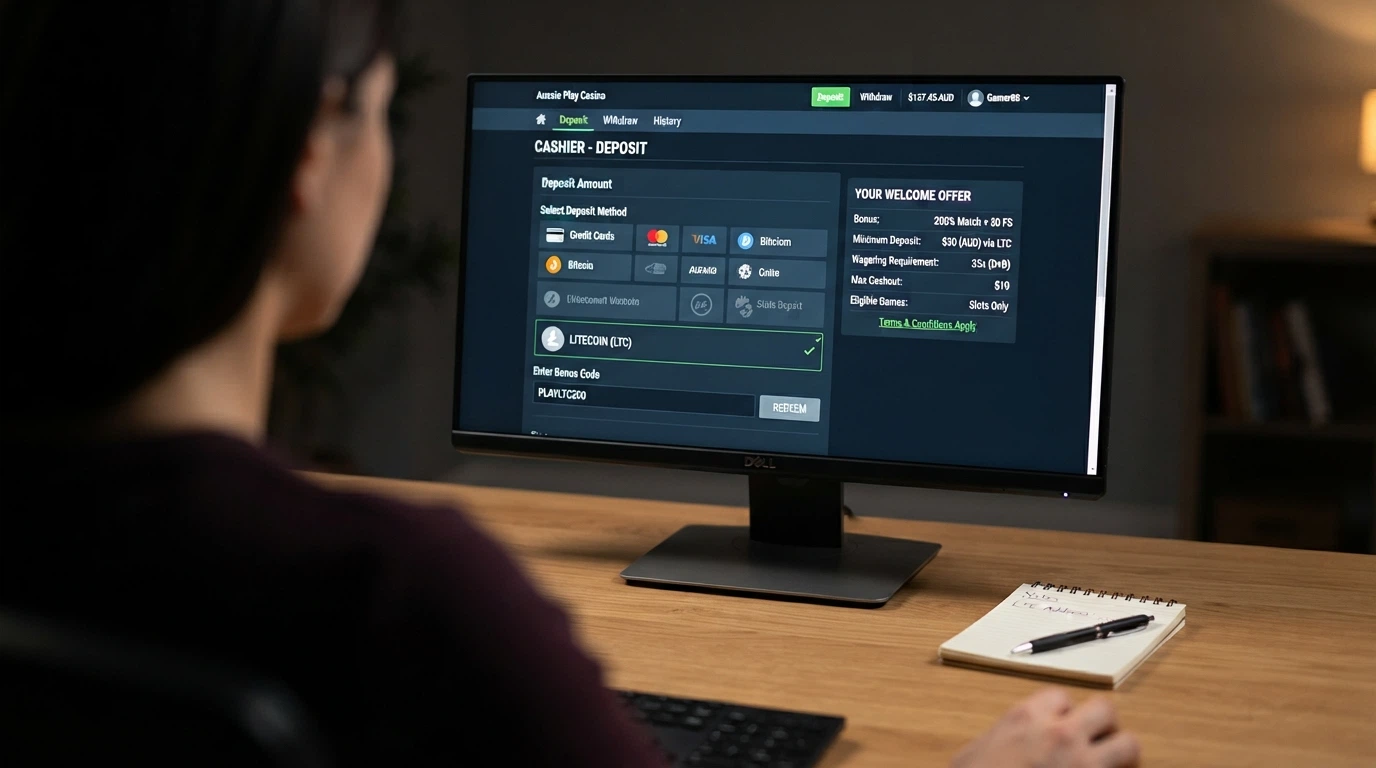 A desktop view of a casino cashier screen showing a cryptocurrency deposit interface with Litecoin selected, a bonus-code field visible and the welcome-offer terms displayed in a sidebar panel