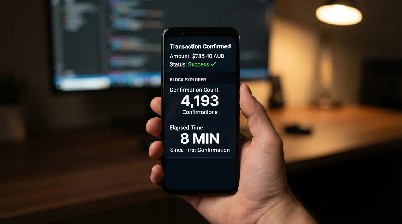 A close-up of a smartphone displaying a Litecoin transaction confirmation screen, the block-explorer confirmation count visible and the time elapsed reading eight minutes