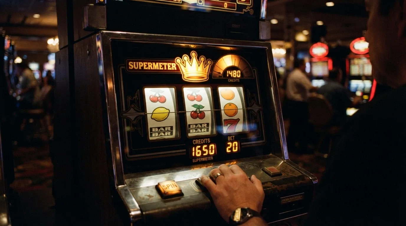 The Mega Joker slot screen in Supermeter mode with a jackpot crown icon above the reels and a credit display showing the active bet level
