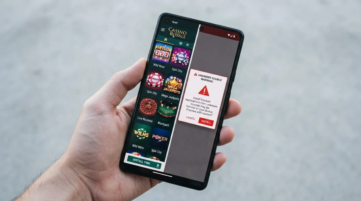 A split-screen comparison: one side showing a casino PWA installed on a phone home screen, the other showing a generic APK download warning dialogue