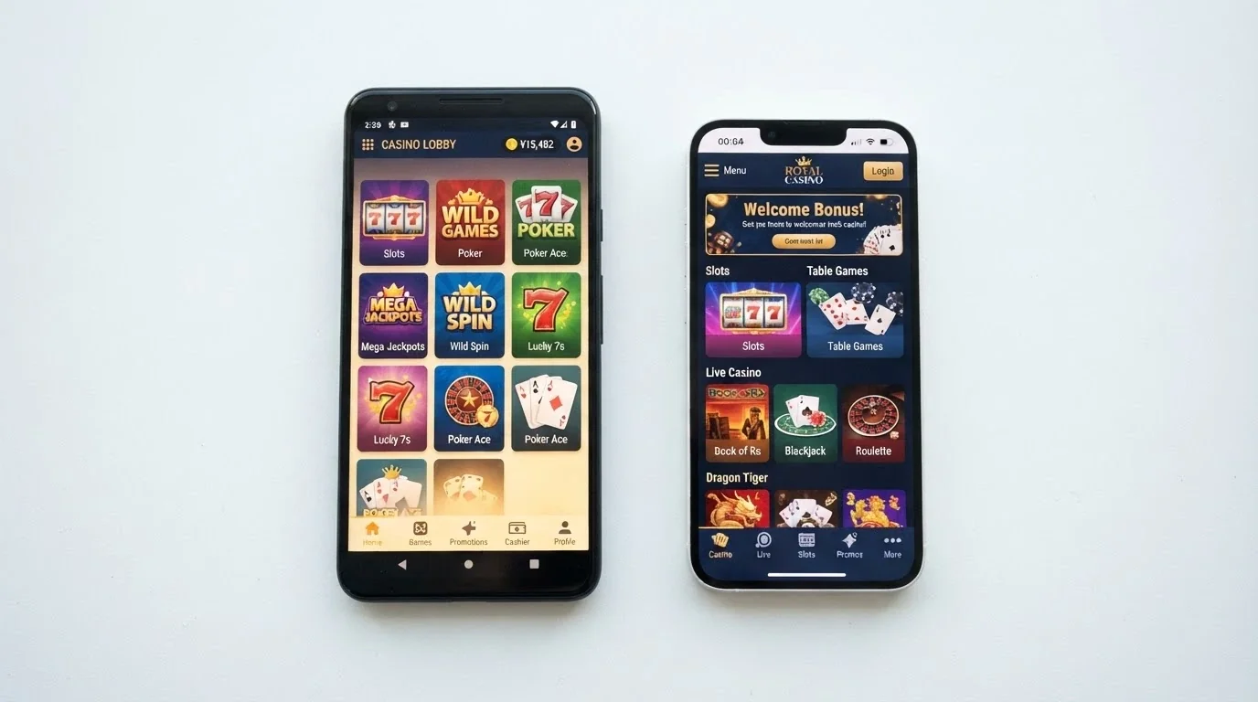 An Android phone and an iPhone side by side, each showing a different casino mobile-web interface, with no App Store or Google Play icons visible