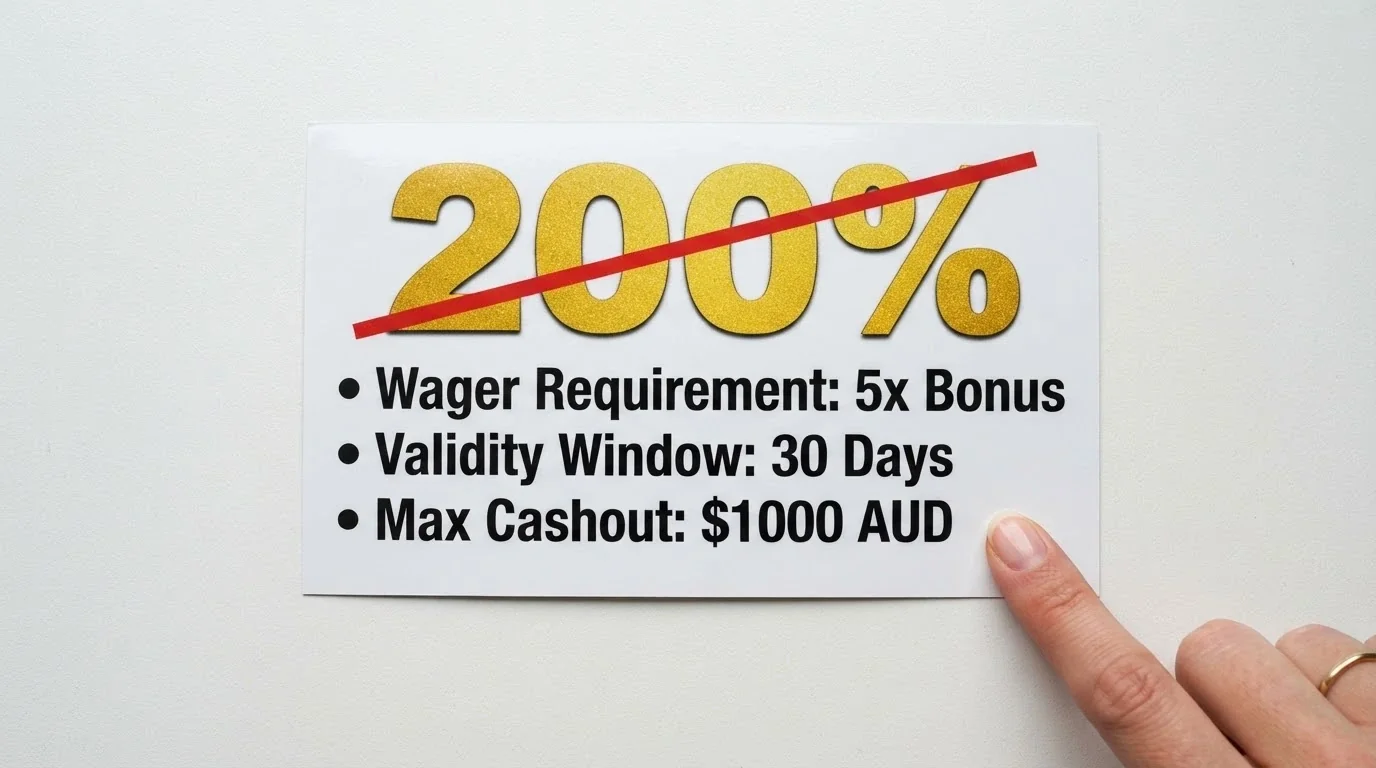 A welcome-bonus advertisement with the headline percentage crossed out and the real terms — wagering, validity, max cashout — written in underneath