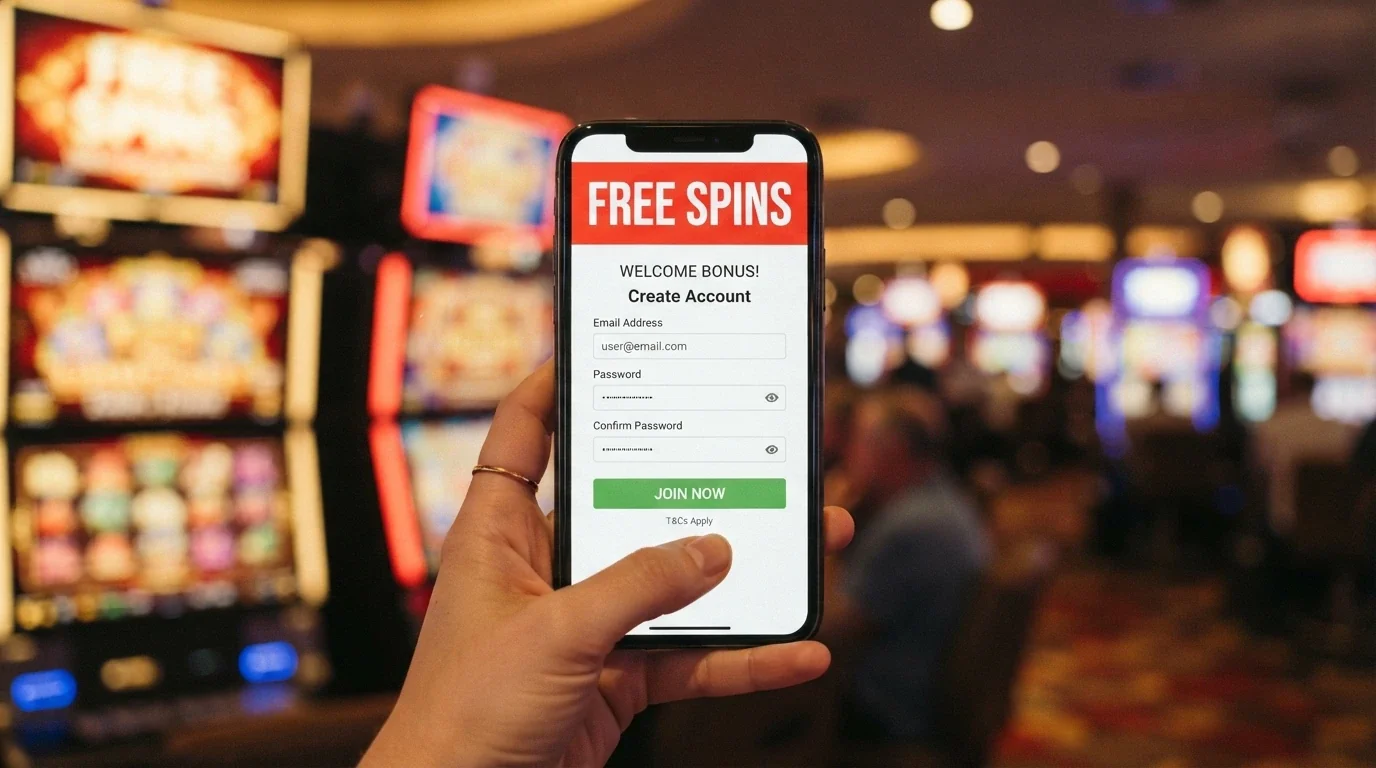 A hand holding a smartphone in portrait orientation showing a casino sign-up form with a free spins offer, with slot reels visible in the background