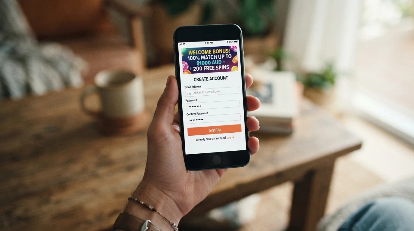 A hand holding a smartphone with a casino sign-up form on screen, a welcome-bonus banner displayed above the registration fields