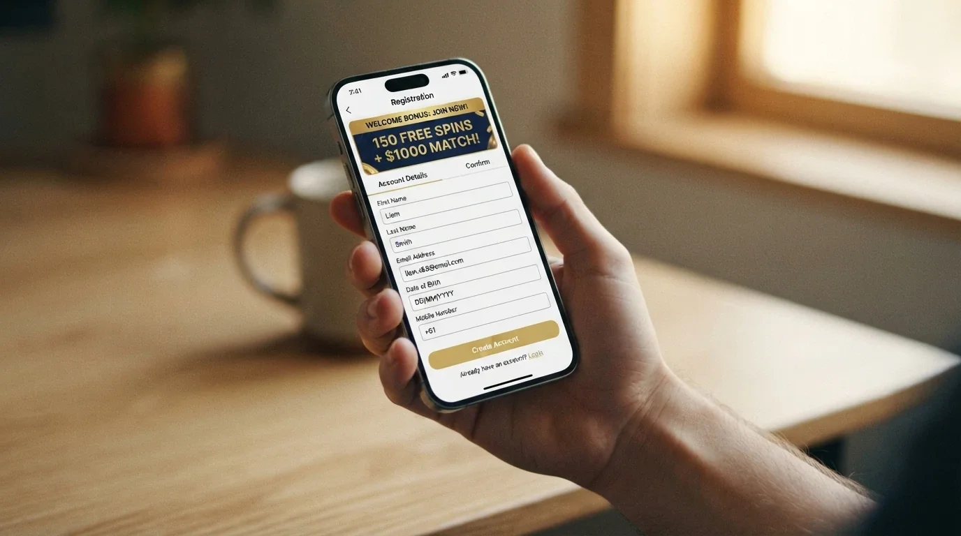 A hand holding a smartphone displaying a casino registration form with a free-spins offer banner at the top