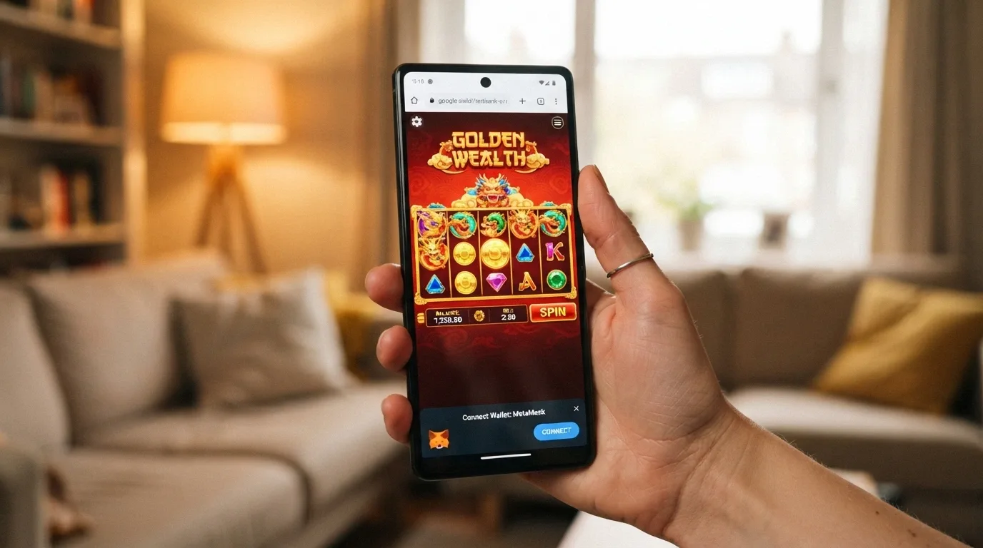 A hand holding a smartphone with a casino game open in a mobile browser, a wallet-connect prompt visible at the edge of the screen