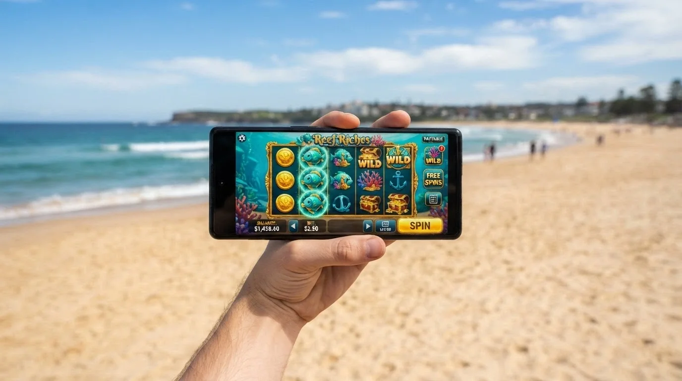A hand holding a smartphone in landscape mode showing a pokies game running in a mobile browser, with an Australian landscape visible in the background
