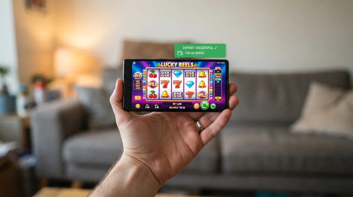 A hand holding a smartphone showing an online pokie with a deposit confirmation overlay
