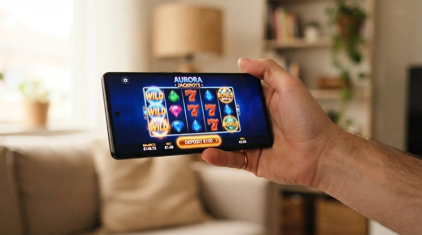 A hand holding a smartphone in landscape mode with a pokies game active, deposit button highlighted