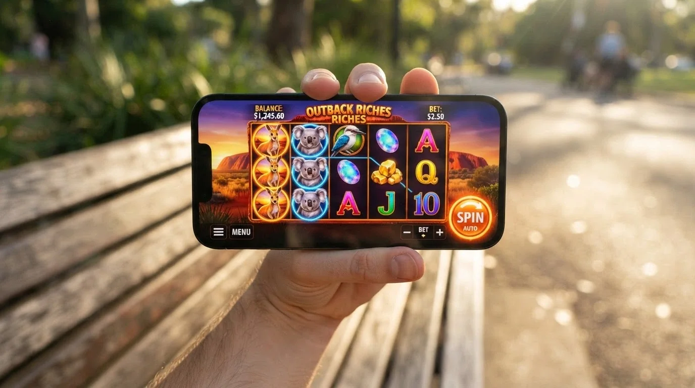 A hand holding a smartphone in landscape orientation with a pokies game on screen and the spin button visible