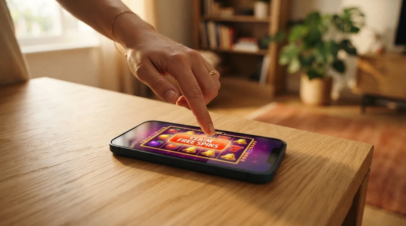 A smartphone displaying a pokie game with a claim-free-spins button on screen