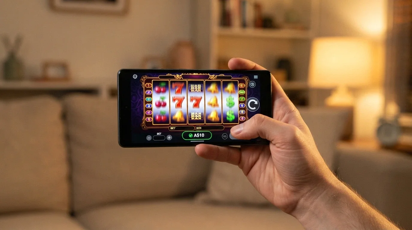 A hand holding a smartphone in landscape mode, showing a pokies reel spinning with a small PayID deposit-confirmation overlay at the bottom of the screen