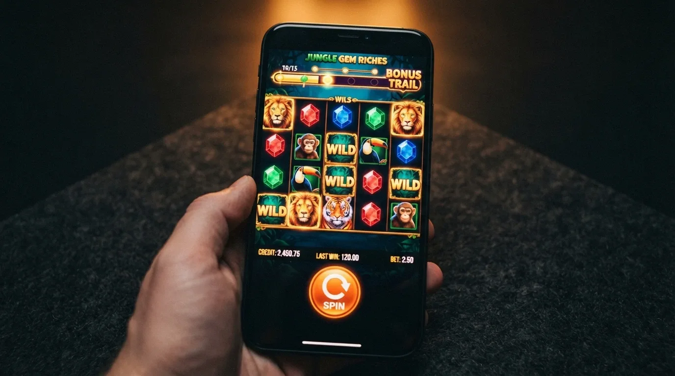 A smartphone in portrait orientation displaying a colourful online pokie with the spin button prominent at the bottom