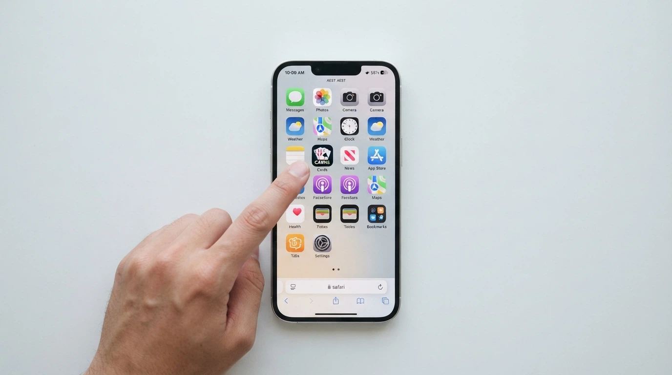 An iPhone home screen showing a shortcut icon for a web app, with the Safari browser visible in the background