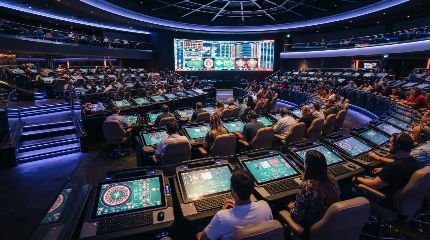 The 50-seat digital Multi Terminal gaming stadium — players at individual screens switching between games on a single terminal