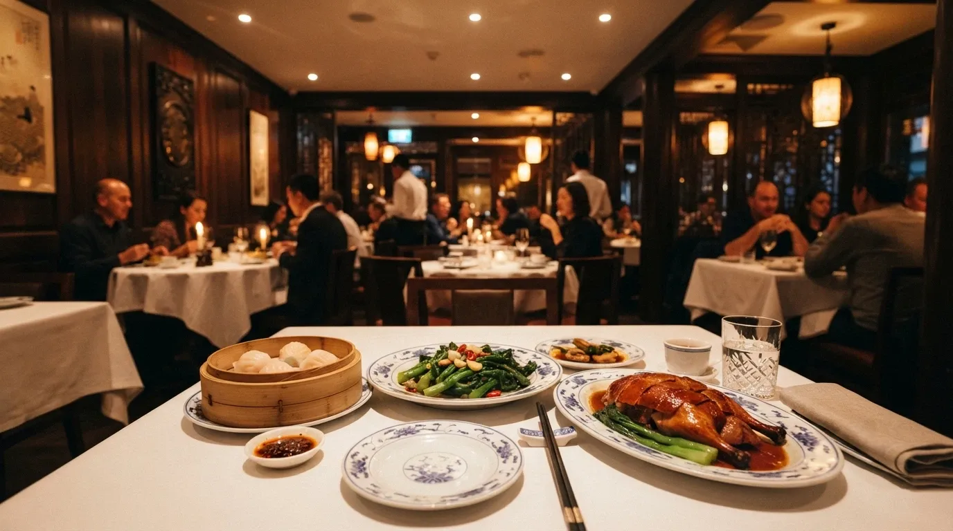Natural Nine restaurant interior — dark timber, ambient lighting, plated Pop Chinese dishes with Shanghainese influence