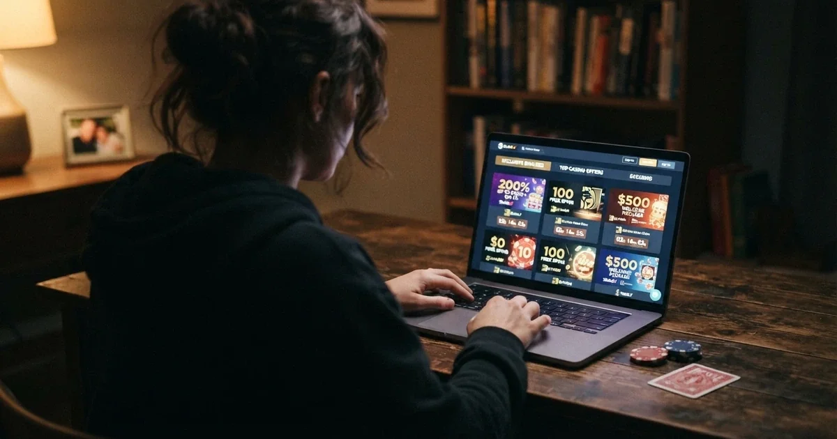 Australian player viewing no-deposit casino bonus offers on a laptop screen with casino chips and cards visible