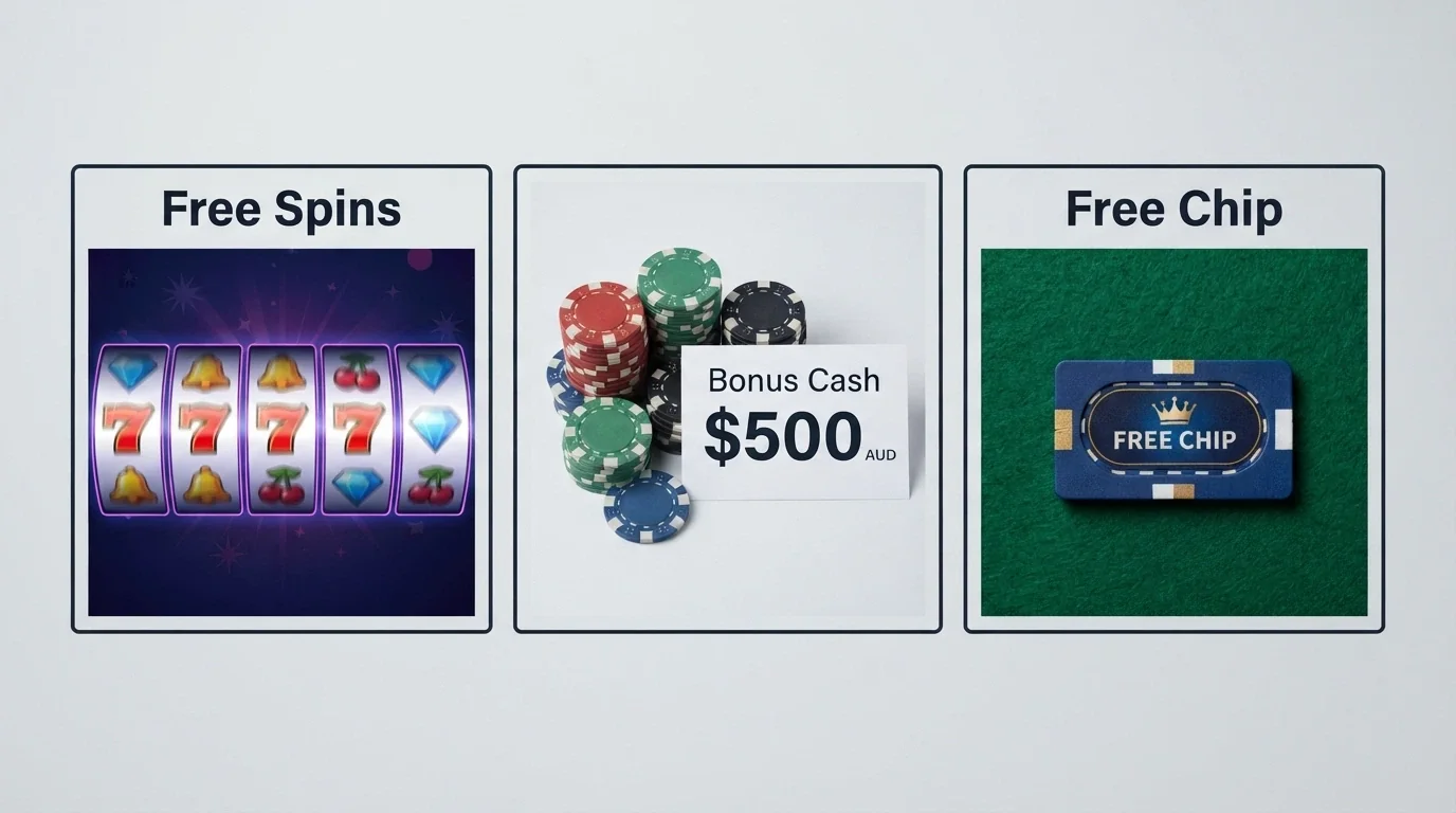 Three side-by-side bonus panels labelled free spins, bonus cash and free chip with their key terms underneath