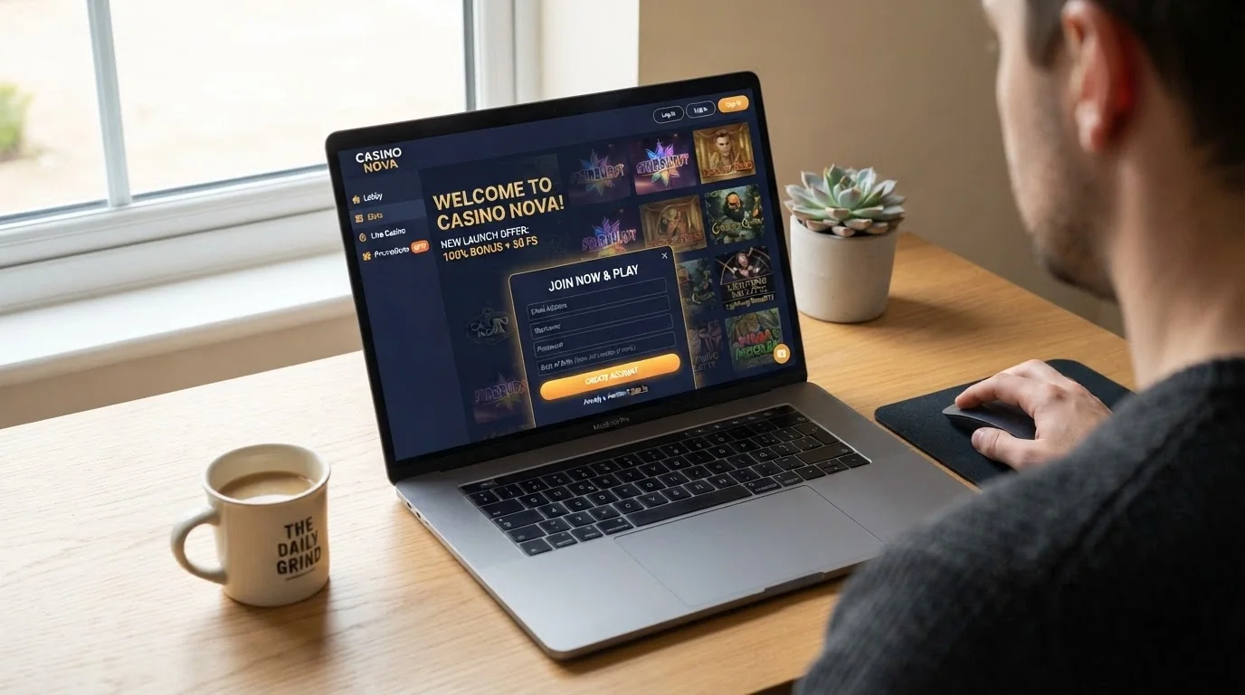 A freshly launched casino homepage with a “New” badge overlay and a sign-up form in the foreground
