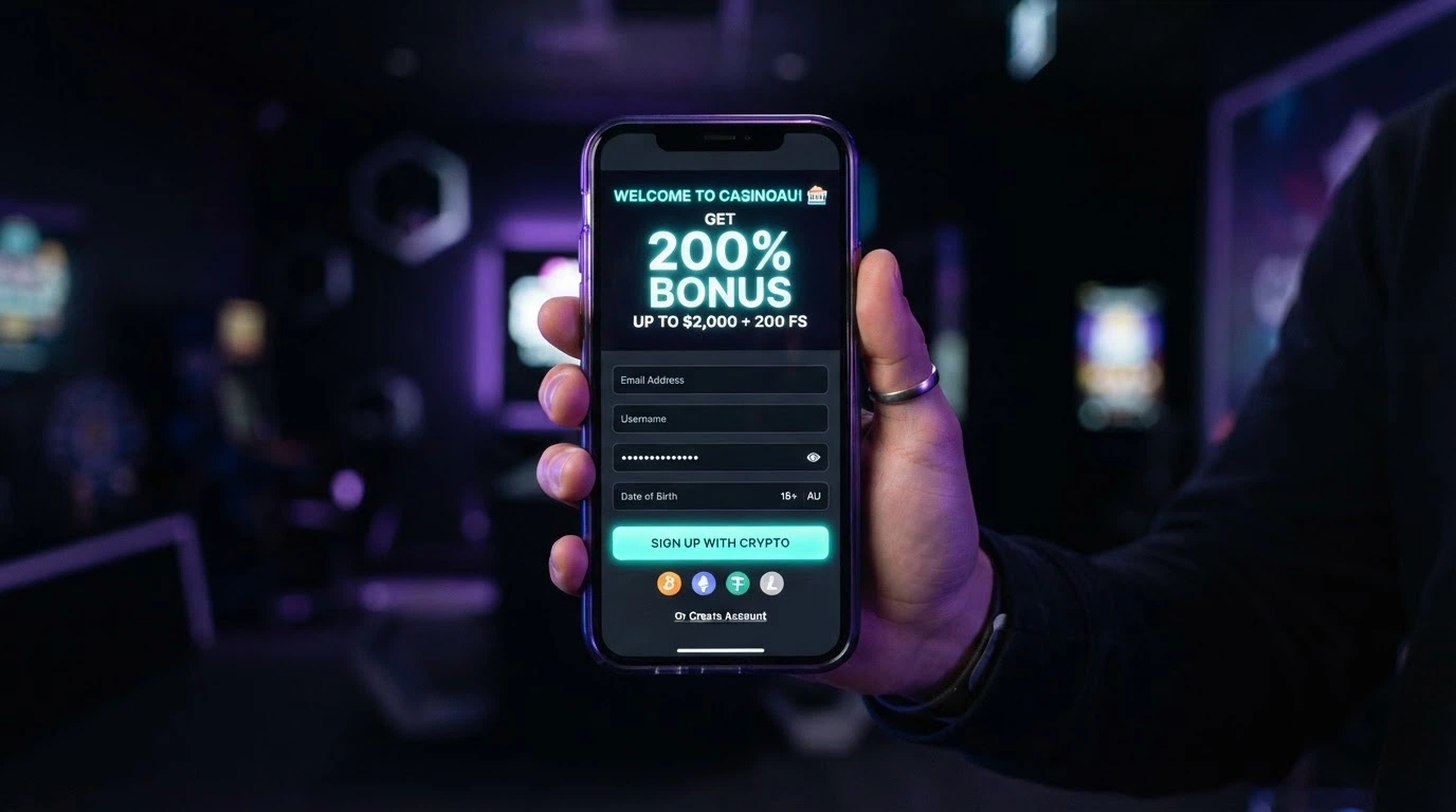 A fresh casino sign-up page with a prominent crypto deposit banner and a welcome bonus offer, styled in dark mode with neon accents