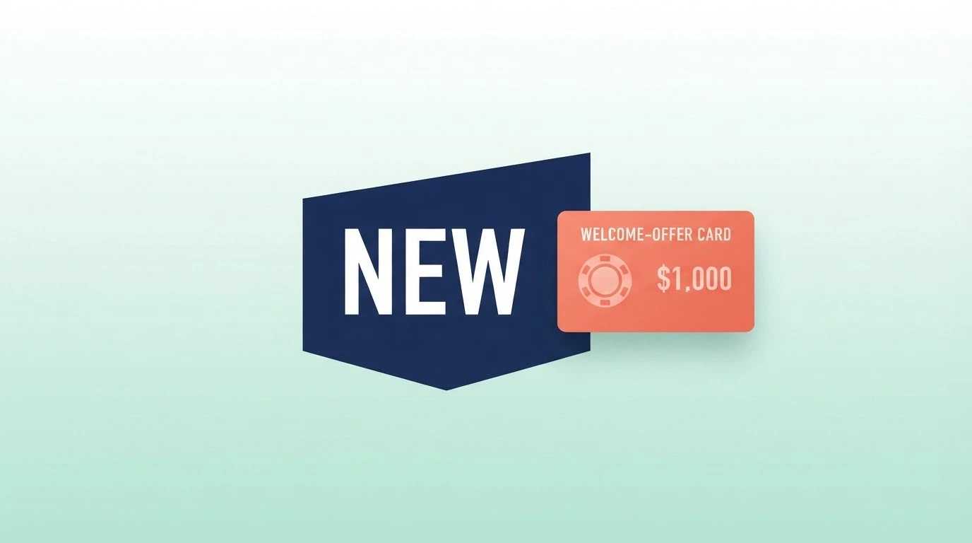 A stylised “New” badge beside a casino welcome-offer banner, on a clean promotional landing-page background