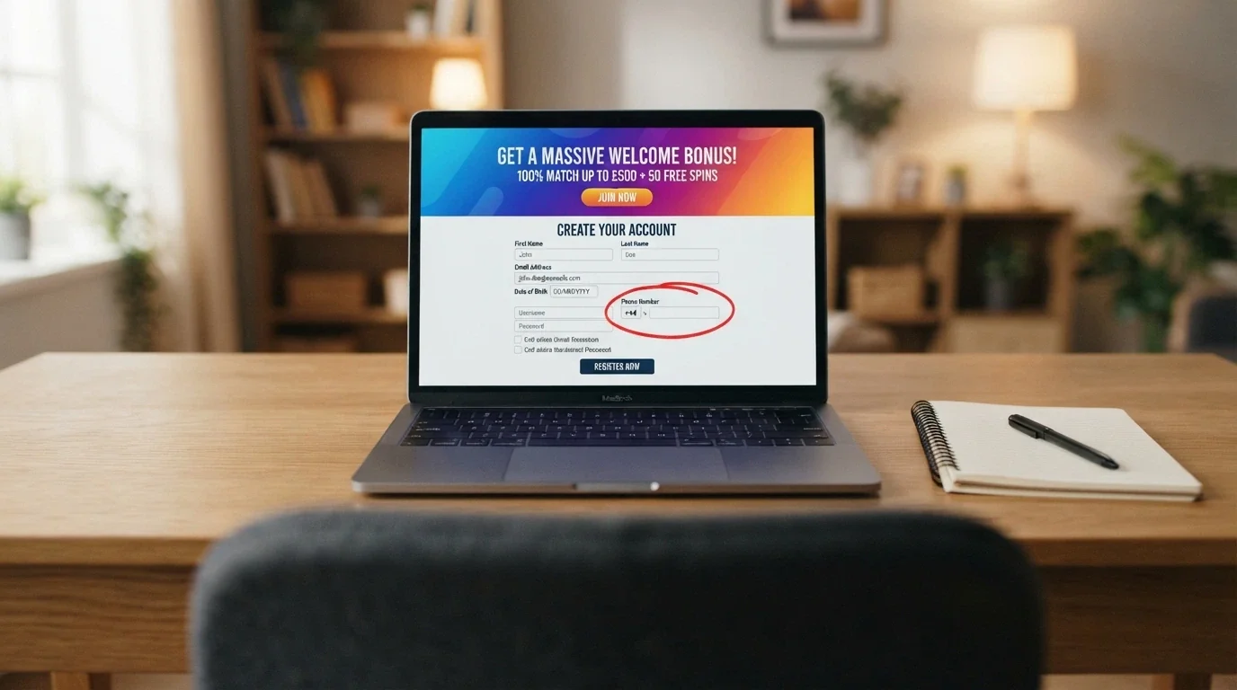 A sign-up form on a casino website with the welcome-bonus banner prominent and the minimum-deposit figure circled