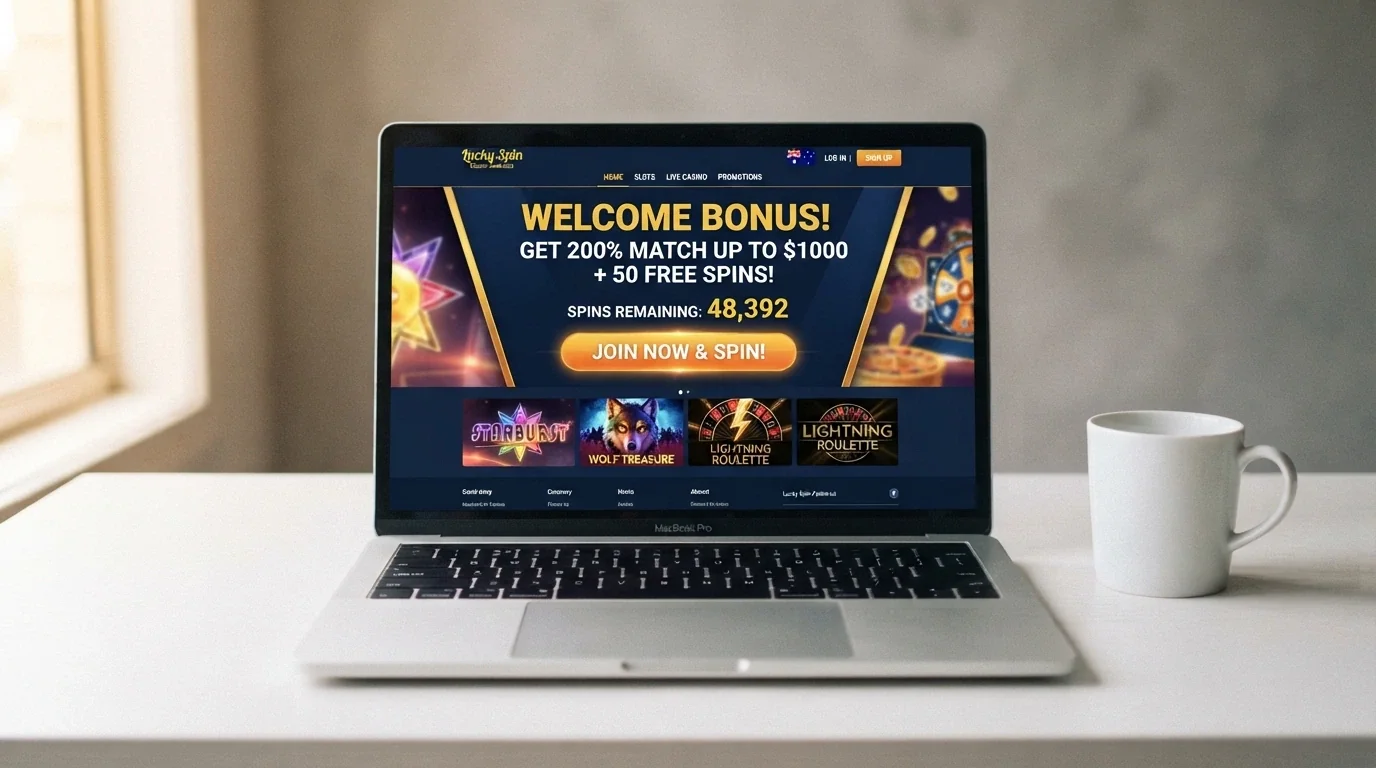 A freshly launched casino homepage with a welcome bonus banner and a sign-up button on a laptop screen
