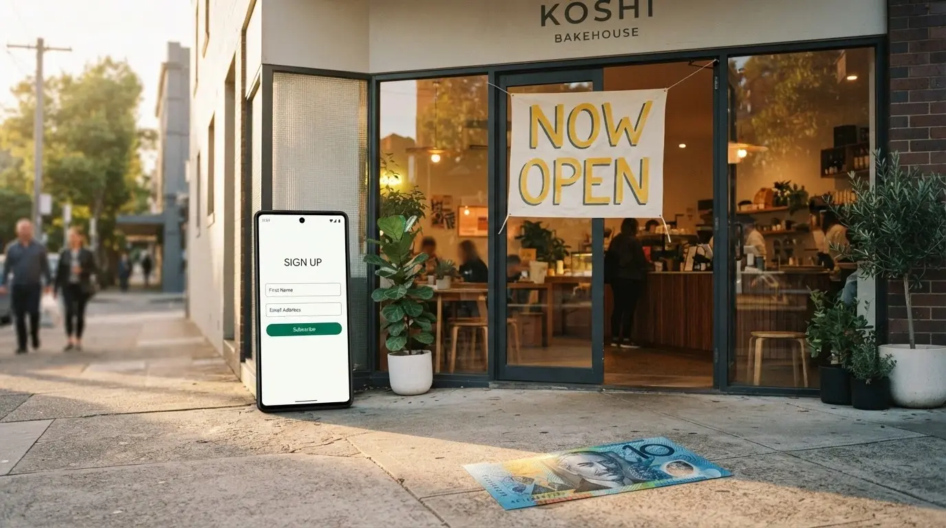 A stylised storefront with a “Now Open” sign, a smartphone showing a casino sign-up form, and a A$10 note beside it