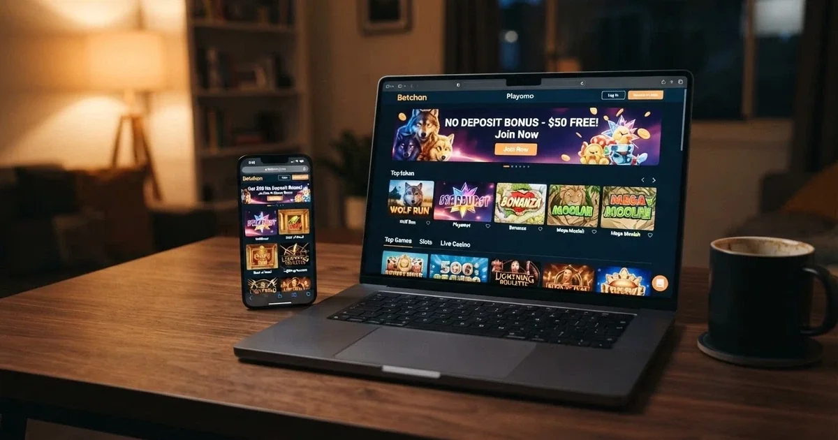 A desktop and mobile screen showing an Australian online casino lobby with a no deposit bonus banner and newly listed casino cards