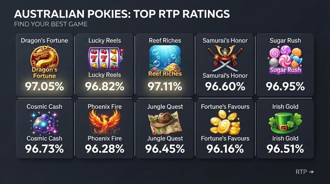 A grid of 2026 pokie title cards with RTP percentages displayed on each — Bubble Up, Sleeping Dragon Ultra Dark, Bushido Blood highlighted