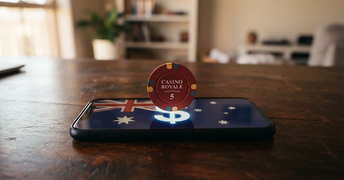 A casino chip labelled “No Deposit” sitting on a smartphone screen with an Australian flag reflected in the display